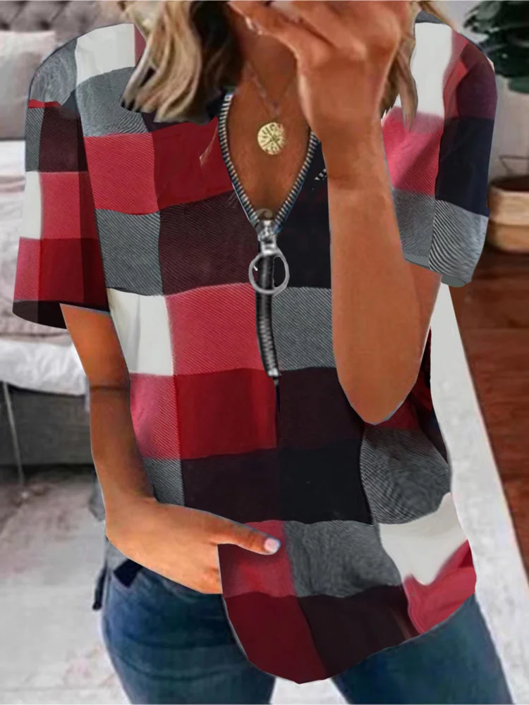 Loose Casual Women's Short-Sleeved Printed Zip Top