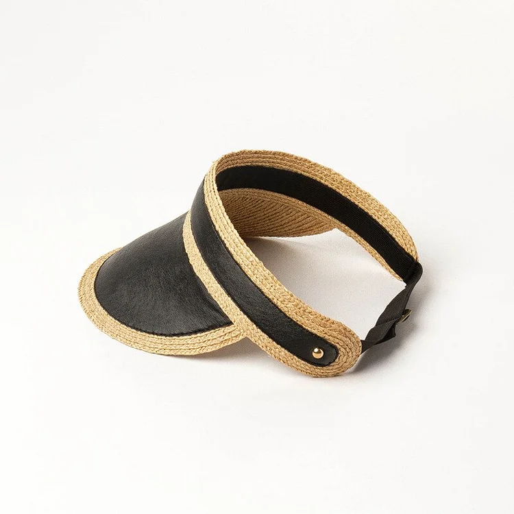 2023 03-hh7375 street summerblack faux leather patchwork raffia grass without sunshade baseball hat men women visors cap