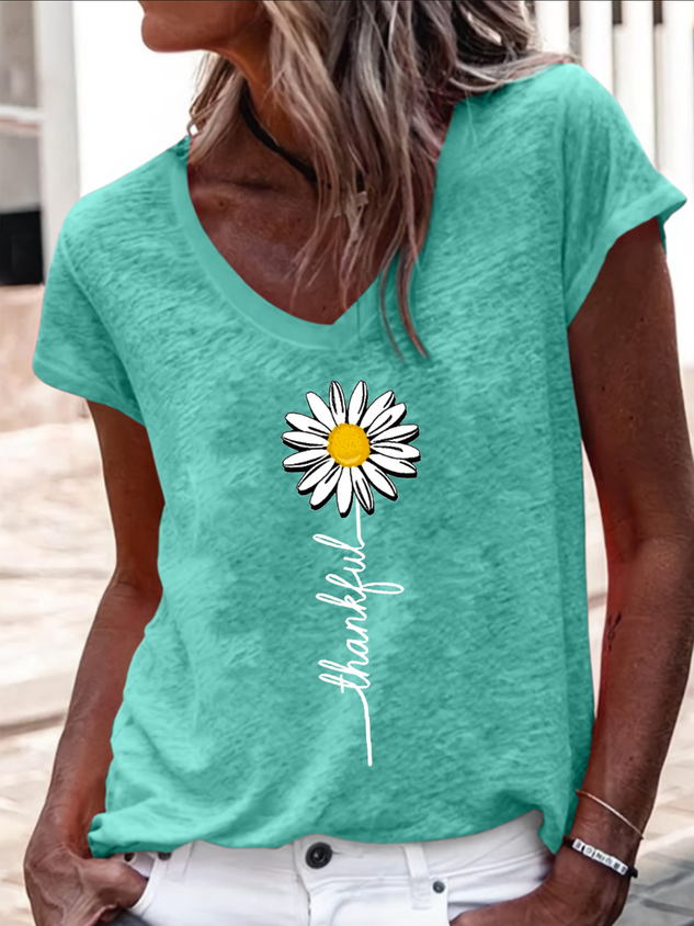 Women's Thankful Daisy V Neck Regular Fit Cotton-Blend Casual T-Shirt socialshop