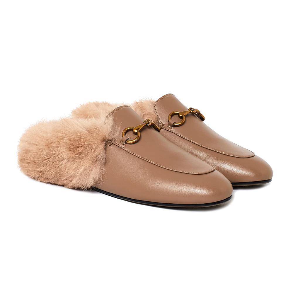 Brown Rabbit Fur Flats Mules Shoes-vocosishoes