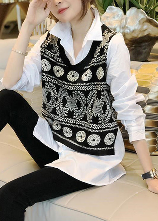 VCSHOES Black Knit Vest And White Shirts Two Pieces Set Fall