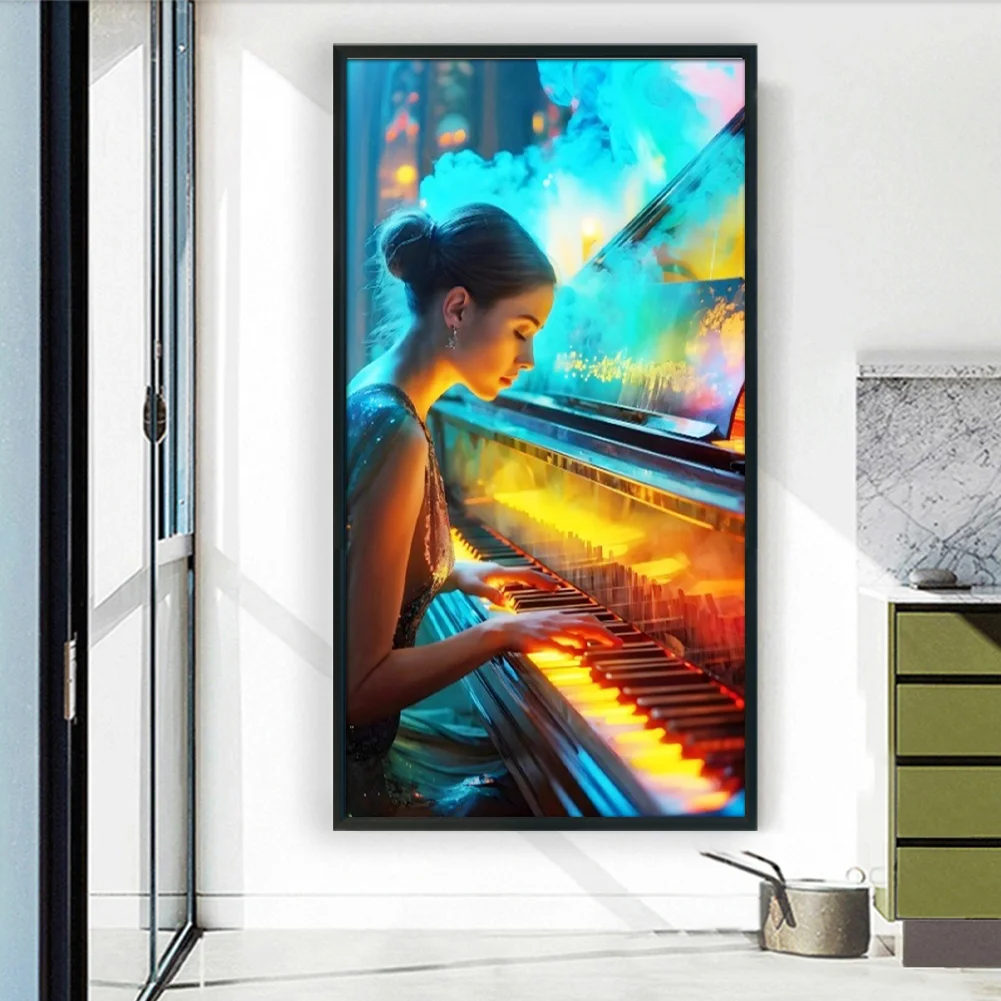 Full Embroidery Eco-cotton Thread 14CT Stamped Cross Stitch - Girl Piano(Canvas|40*70CM)