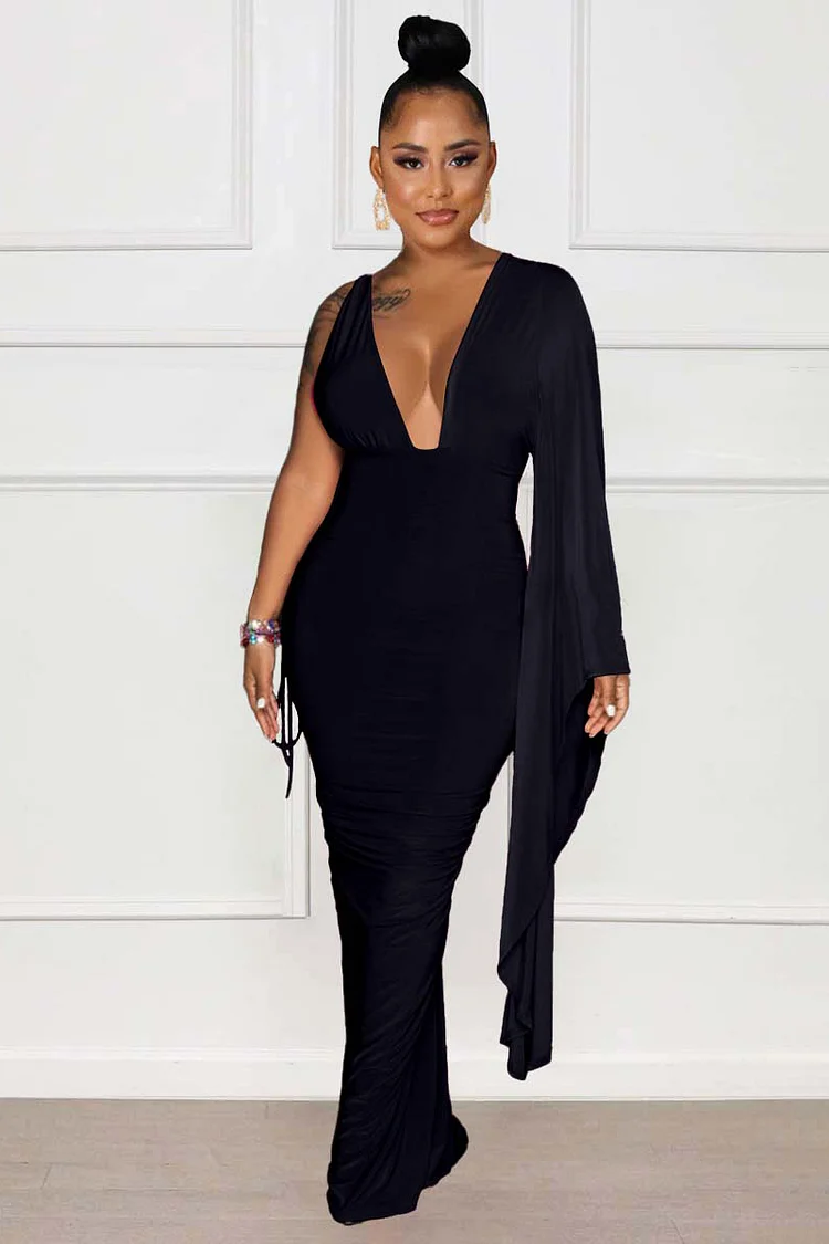 Deep V Neck Single Long Sleeve Ruched Bodycon Gowns Maxi Dresses