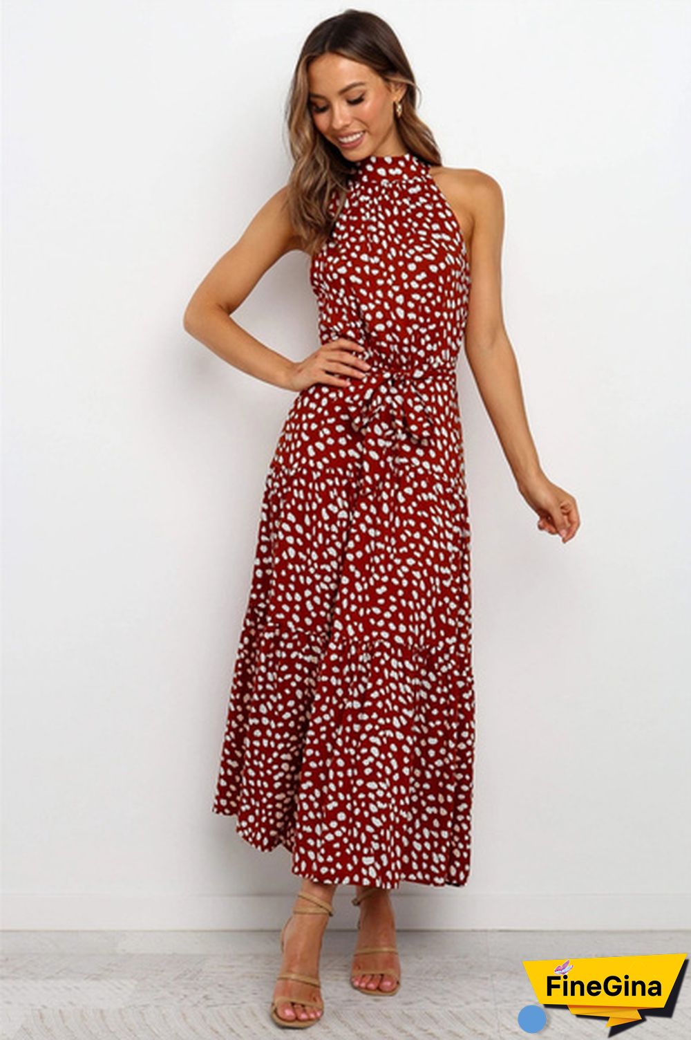 Plus Size Elegant Ladies Dress Sleeveless Collect Waist Polka Dot Long Boho Casual Beach