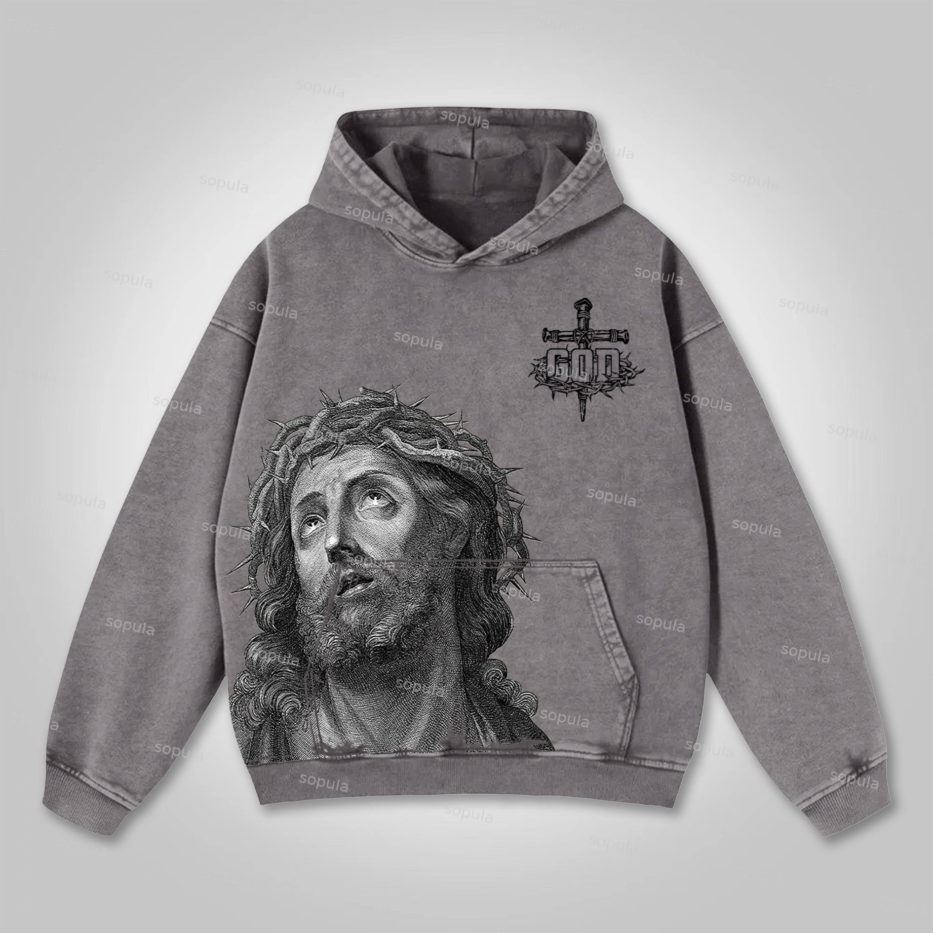 Sopula Jesus Portrait Cross Bible Graphic Print Washed Hoodie - SOPULA