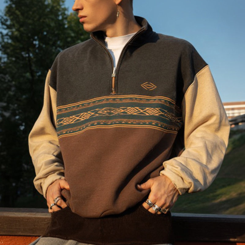 Men's Loose Casual Retro College Style Half-open Collar Stitching Printed Sweatshirt
