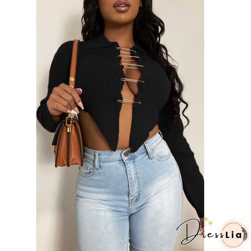 Ribbed Knitted Long Sleeve Pin Up Cardigan Crop Tops