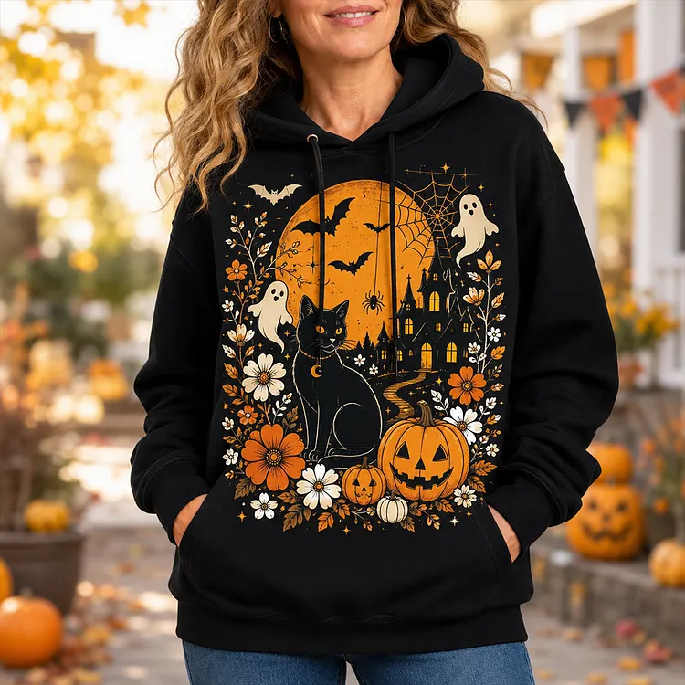 Women's Casual Hooded Sweatshirt In Black With Halloween Black Cat, Ghost, Pumpkin, Castle, And Floral Print