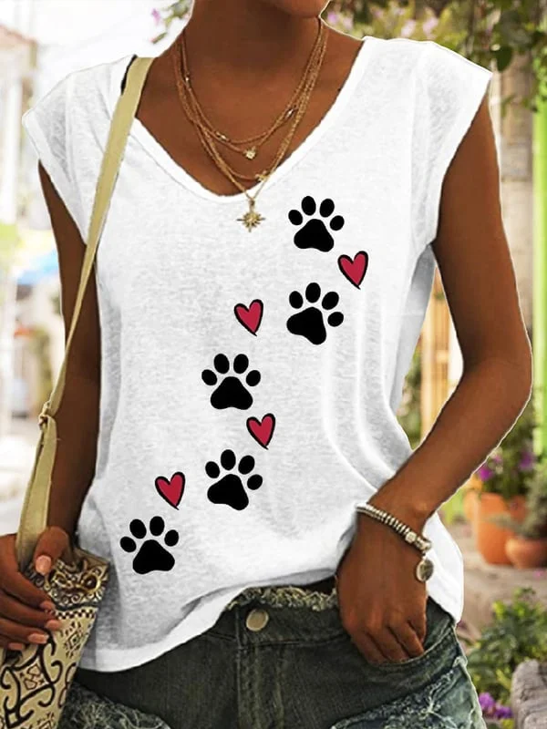 Women's Dog Paw Heart Print Sleeveless T-Shirt
