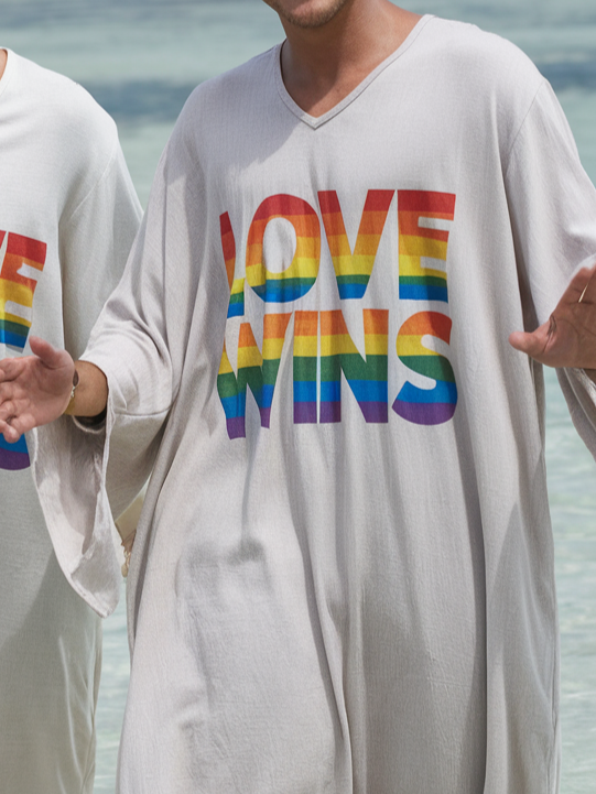 LOVE WINS Gay Couple Valentine V-neck Men Kaftan Long Caftan