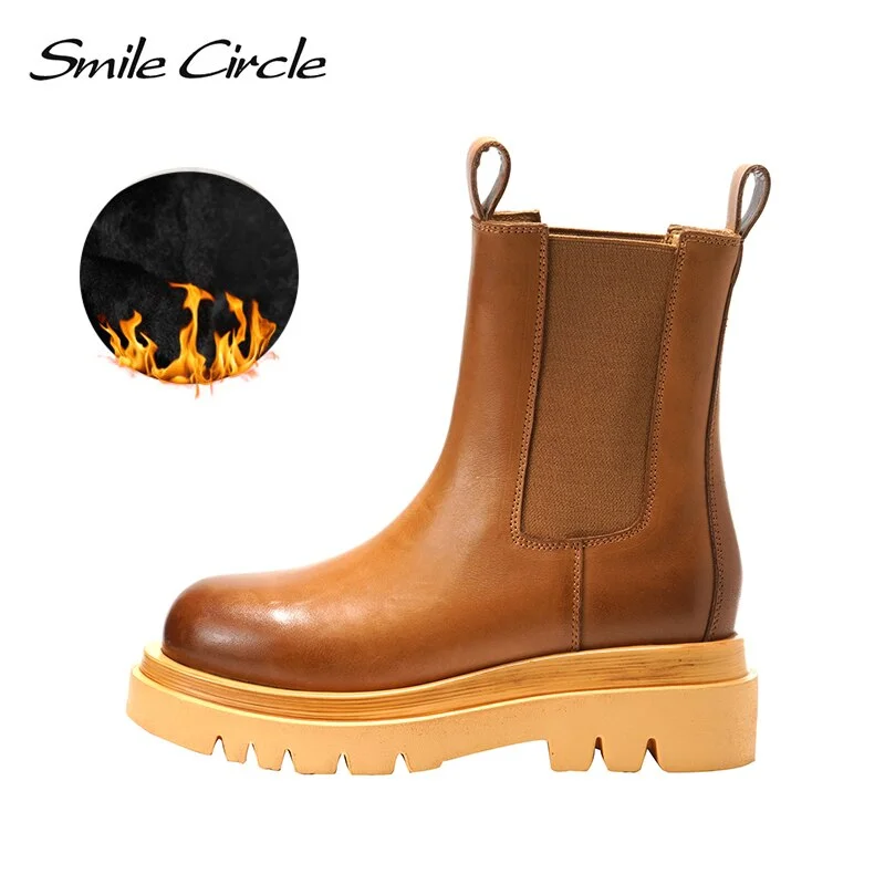 Smile Circle Autumn Slip-on Chelsea Boots Women Genuine Cow Leather fashion Round-toe Flat Platform Boots Lady shoes