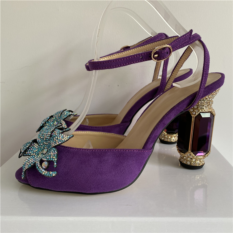 VCSHOES Suede Ankle Strap Sandals Women Diamond Rhinestone High Heel Jeweled Crystal Flower Party Sandalias