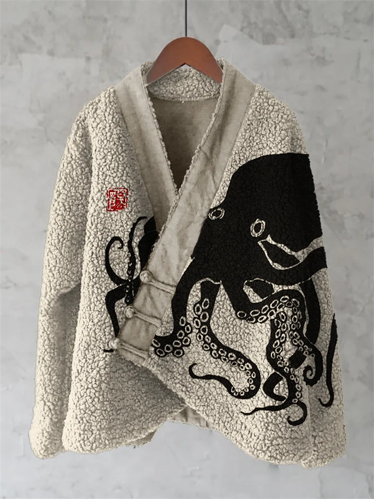 Octopus Japanese Lino Art Cozy Fleece Kimono Cardigan