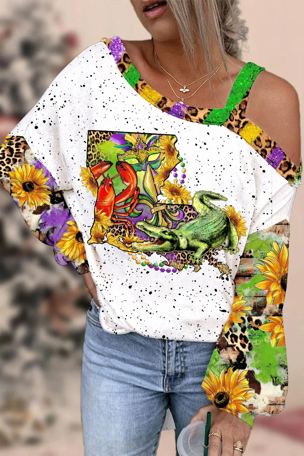 Louisiana Map With Mardi Gras Crocodile Crawfish Western Sunflower Leopard Print Off-Shoulder Blouse