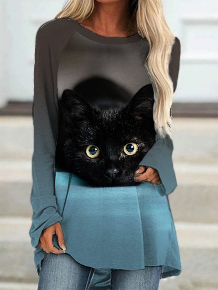 Comstylish Cute Black Kitten Print Long Sleeve T Shirt