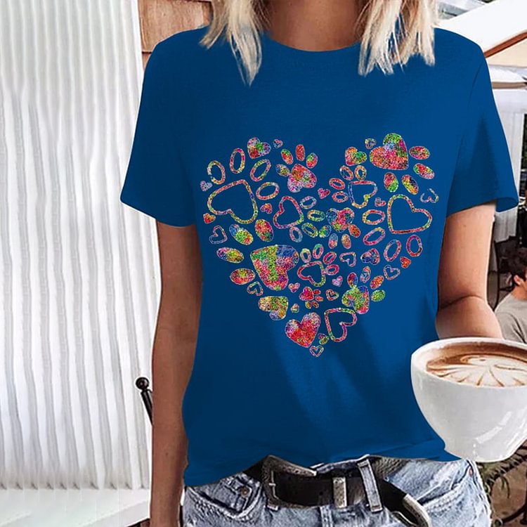 Comstylish Women's Cute Colorful Dog Paw Heart Print T-Shirt