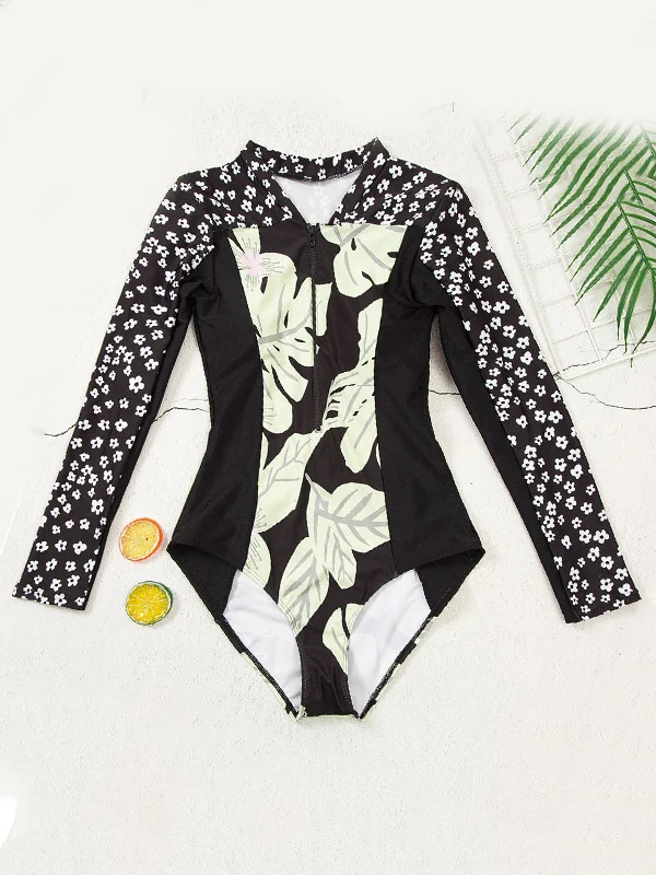 Long Sleeve Color-Block Floral Zipper Rash Guard