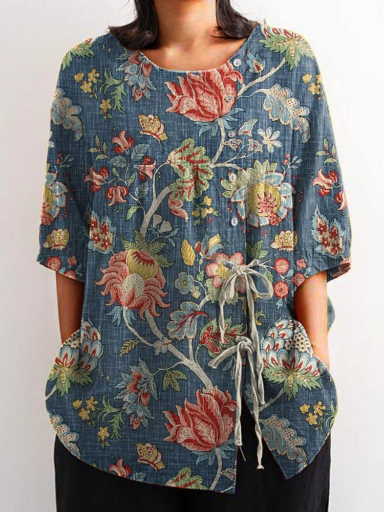 Women's Vintage Floral Art Print Casual Cotton And Linen Shirt