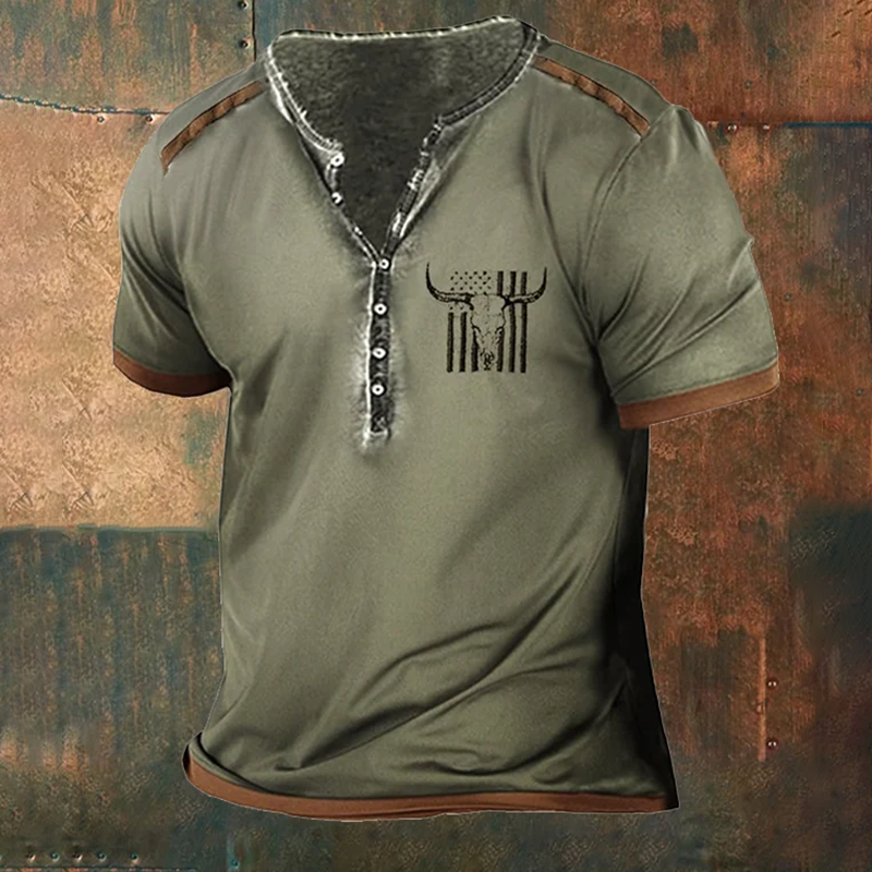 Men'S Western Breasted Flag Bull Head Short Sleeve Henry T-Shirt