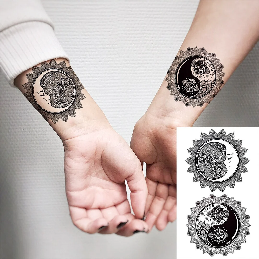 Black Round Totem Fashion Finger Temporary Tattoos For Women Men Universe Moon Realistic Fake Tattoo Waterproof Tatoos Sticker