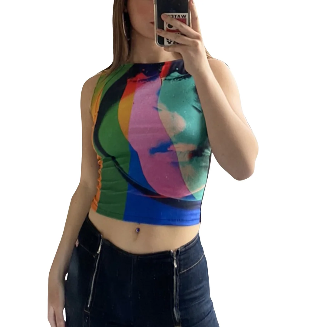 2023 Summer New  Women’s Slim Fit Abstract Printing Vest Top Causal Round Neck Exposed Navel Sleeveless Tops Fashion Tanks