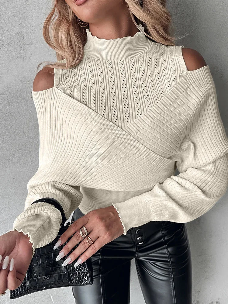 Nncharge Hollow Out Sweater Women Knit Pullovers Turtleneck Tops Cross Jumpers Woman Clothing Sexy Cold Shoulder Top Sweaters