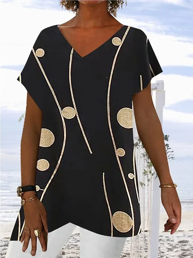 Women's Shirt Blouse Black Polka Dot Asymmetric Print Short Sleeve Casual Weekend Basic V Neck Long S socialshop