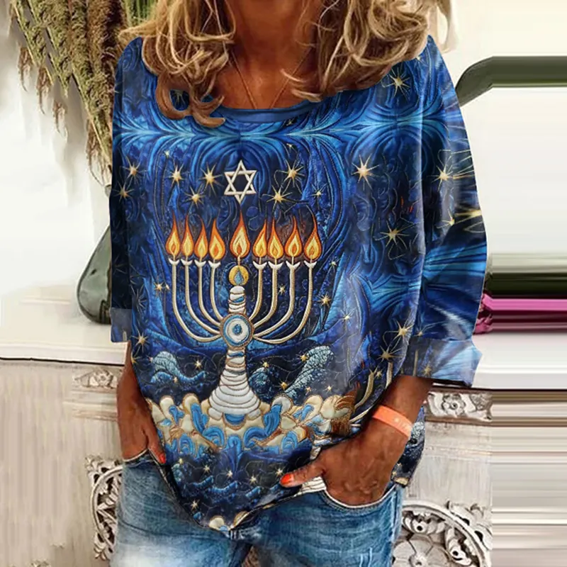Women's Hanukkah Candle Crew Neck Loose Sweatshirt