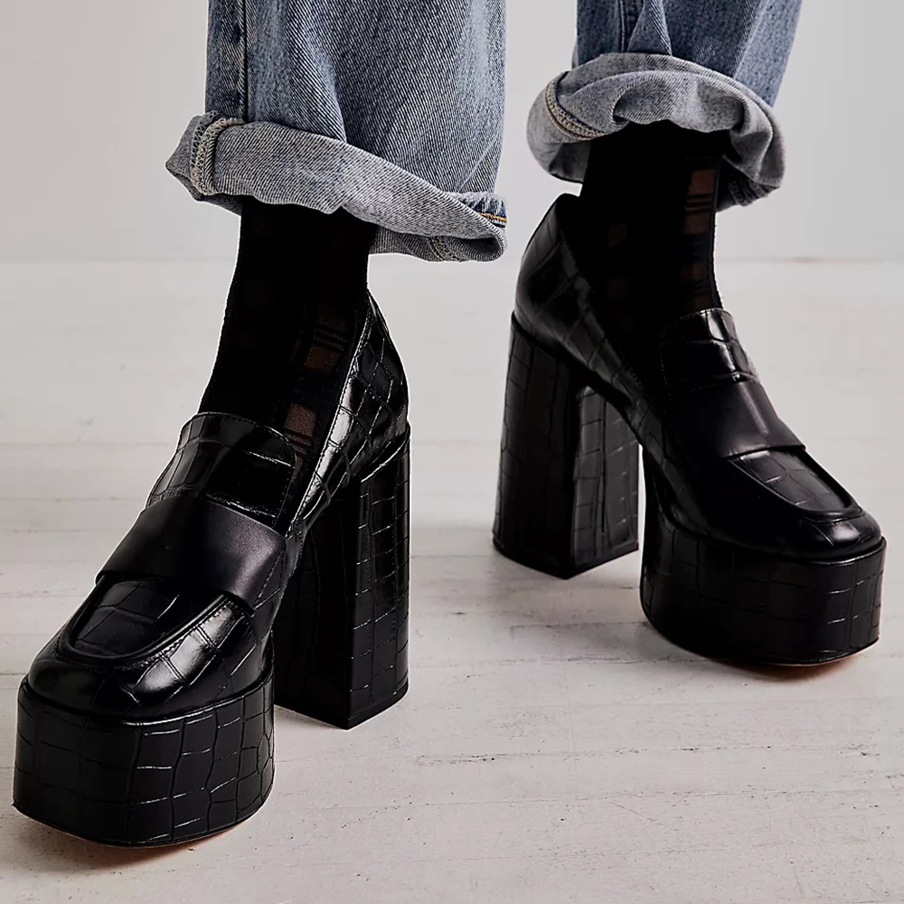 Black Vegan Leather Square Toe Chunky Heel Pumps with Platform Nicepairs