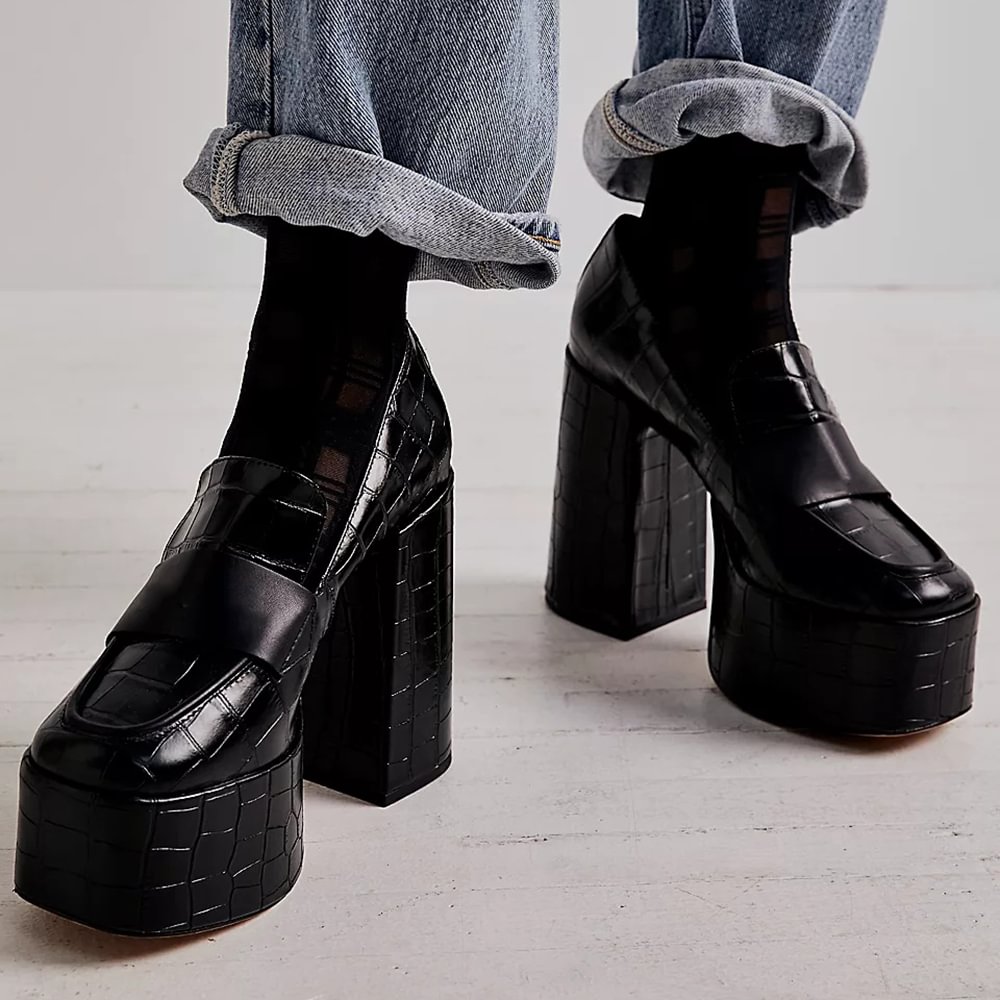 Black Crocodile Leather Pumps Platform Square Toe Chunky Heels
