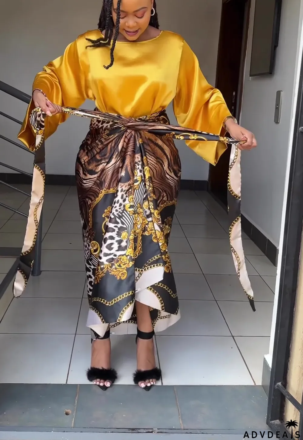 Fashion Print Long Sleeve Bandage Maxi Dress