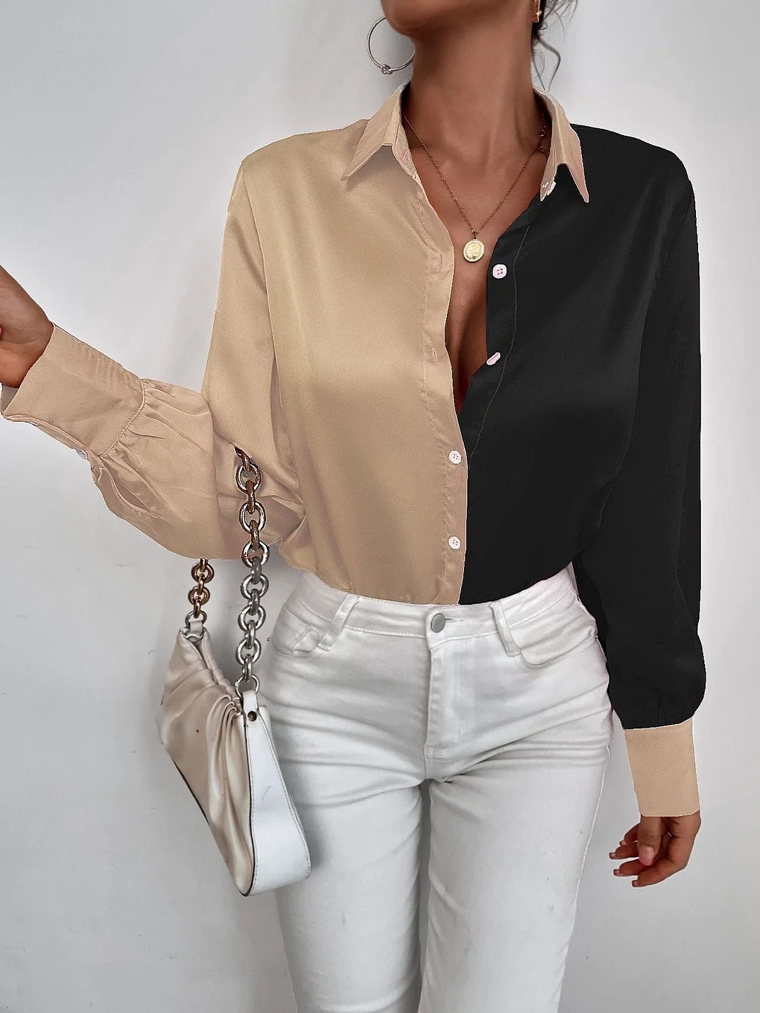 Loose Casual Top Button Up Office Ladies Shirt Blouse 