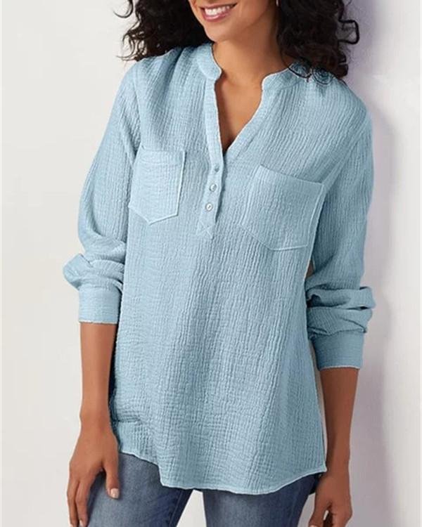 Solid color V-neck pocket cotton and linen loose plus size blouse socialshop
