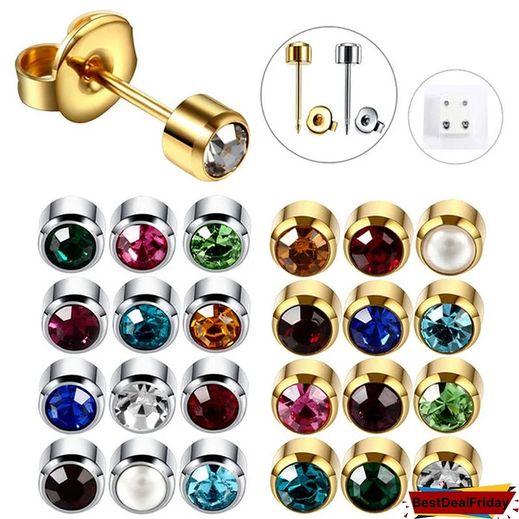 2PCS Surgical Steel Sterile Ears Stud Earrings Silver Gold Birthstone Gemstone Ear Cartilage Tragus Helix Piercings Jewelry
