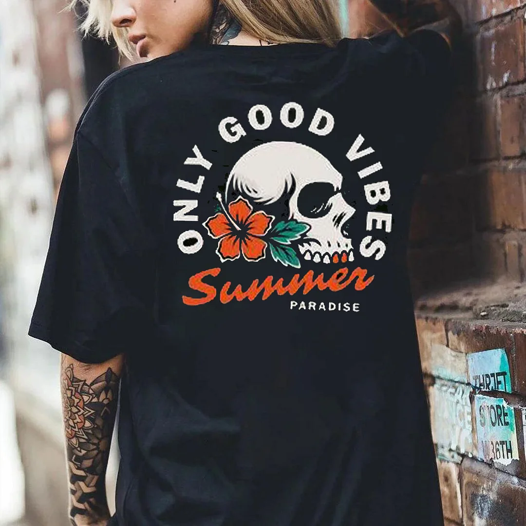 ONLY GOOD VIBES SUMMER Skull Black Print Loose-fit T-shirt