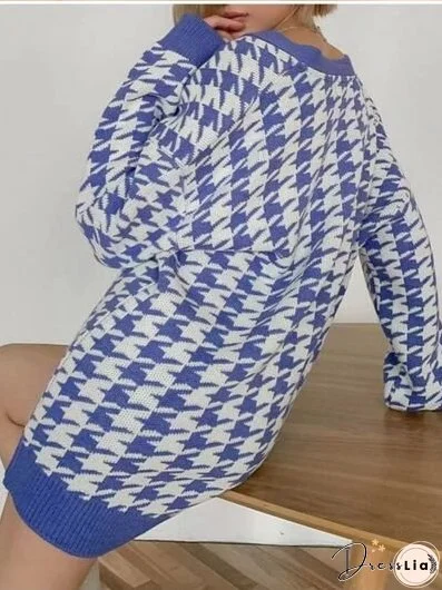 Houndstooth Button Up Long Sleeve Cardigan