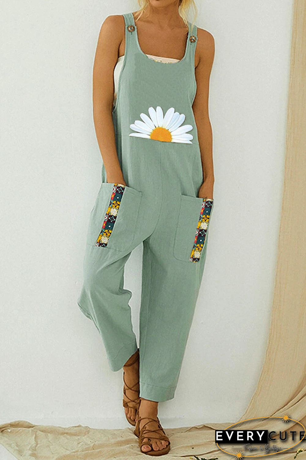Daisy Print Pockets Patchwork Overall Jumpsuit