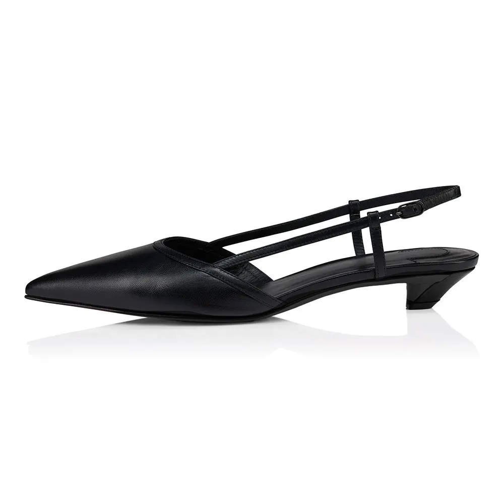 Classic Black Pointed Toe Chunky Heel Slingback Buckle Pumps Shoes