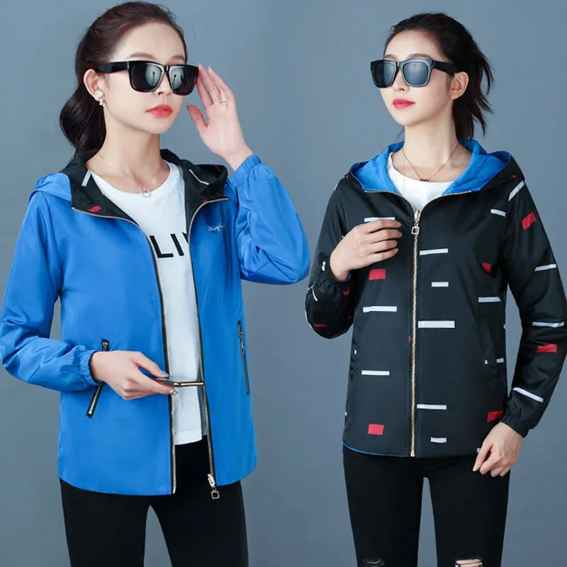 NEEDBO Women Hooded Jackets Two Side Wear Print Outwear Coat Female Windbreaker Tops Pocket Zipper Jackets Causal Windbreaker