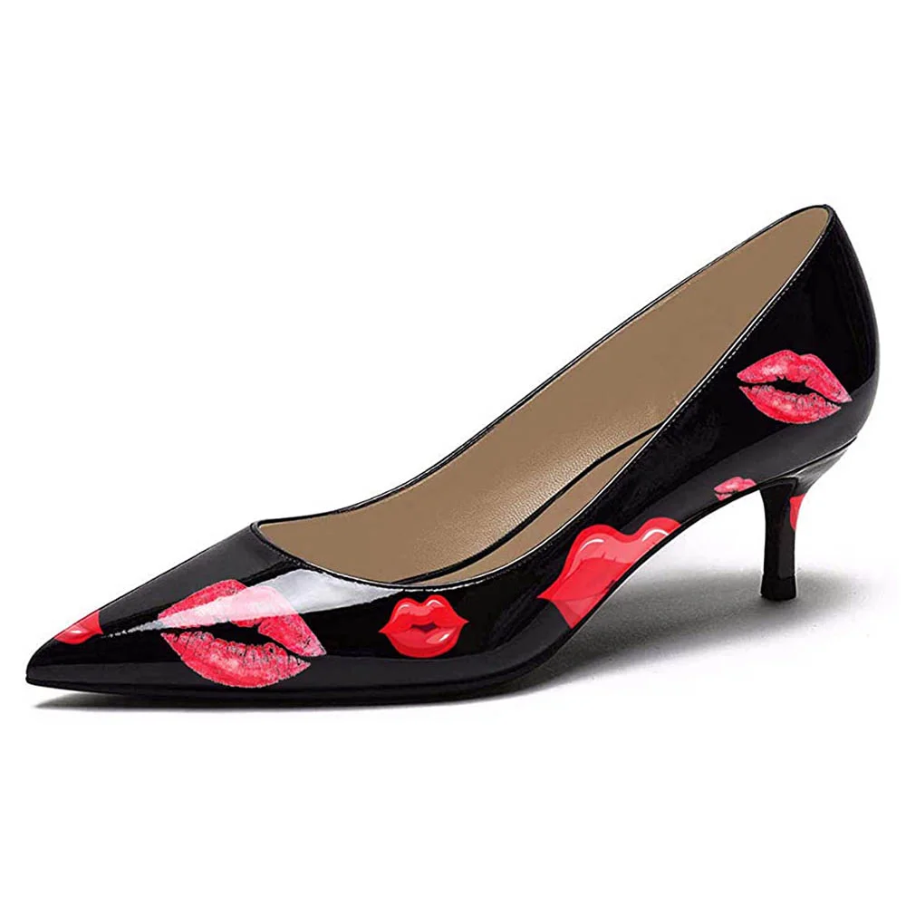 Chic Black & Red Kiss Print Kitten Heel Pumps with Pointed Toe