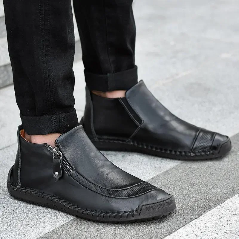 MEN LEATHER HAND STITCHING SIDE ZIPPER COMFY SOFT ANKLE BOOTS