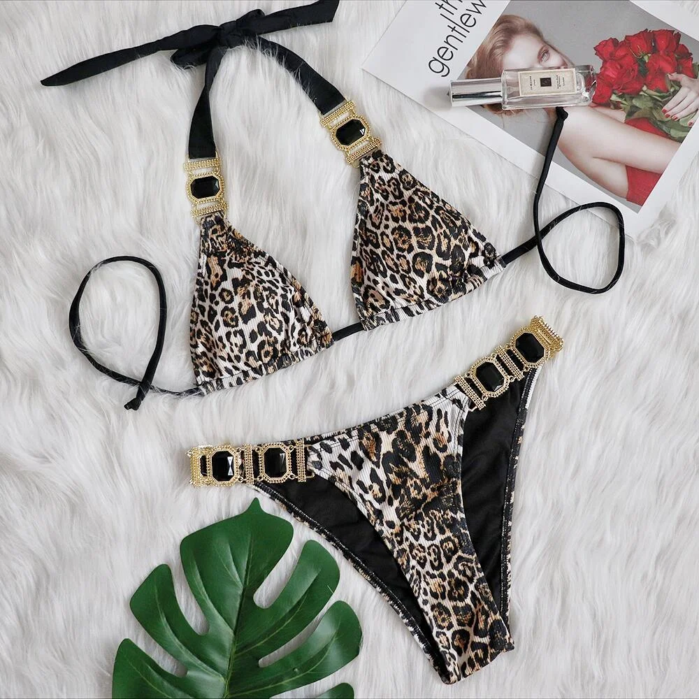 Uveng Uveng Swimsuit Female Ins Web Celebrity Wind Vacation Sexy Leopard Print Diamond Low Waist Gathered Split Body Swimsuit