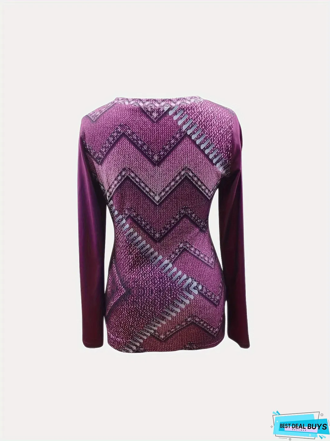 Denim Print Crew Neck Keyhole T-Shirt, Casual Long Sleeve T-Shirt For Spring & Fall, Women's Clothing
