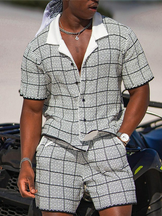 Men's Shirt Summer Hawaiian Shirt Shirt Set Plaid Graphic Prints Cuban Collar Gray Outdoor Street Short Sleeves Print Clothing