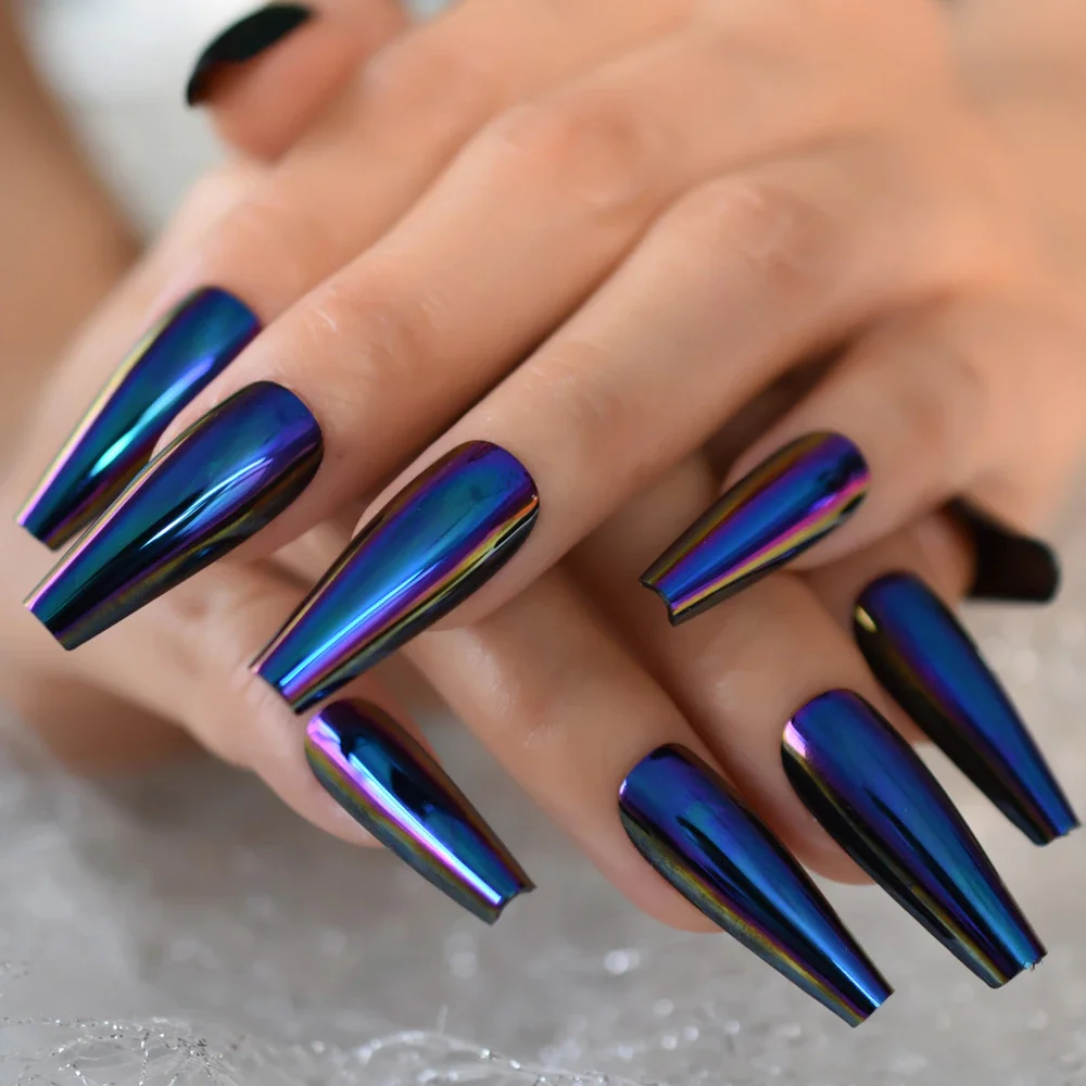 Churchf Chrome Diamond Blue Press On Fingernails Metallic Mirror Holo Fake Nails Extra Long Ladies Designed Tips for Finger