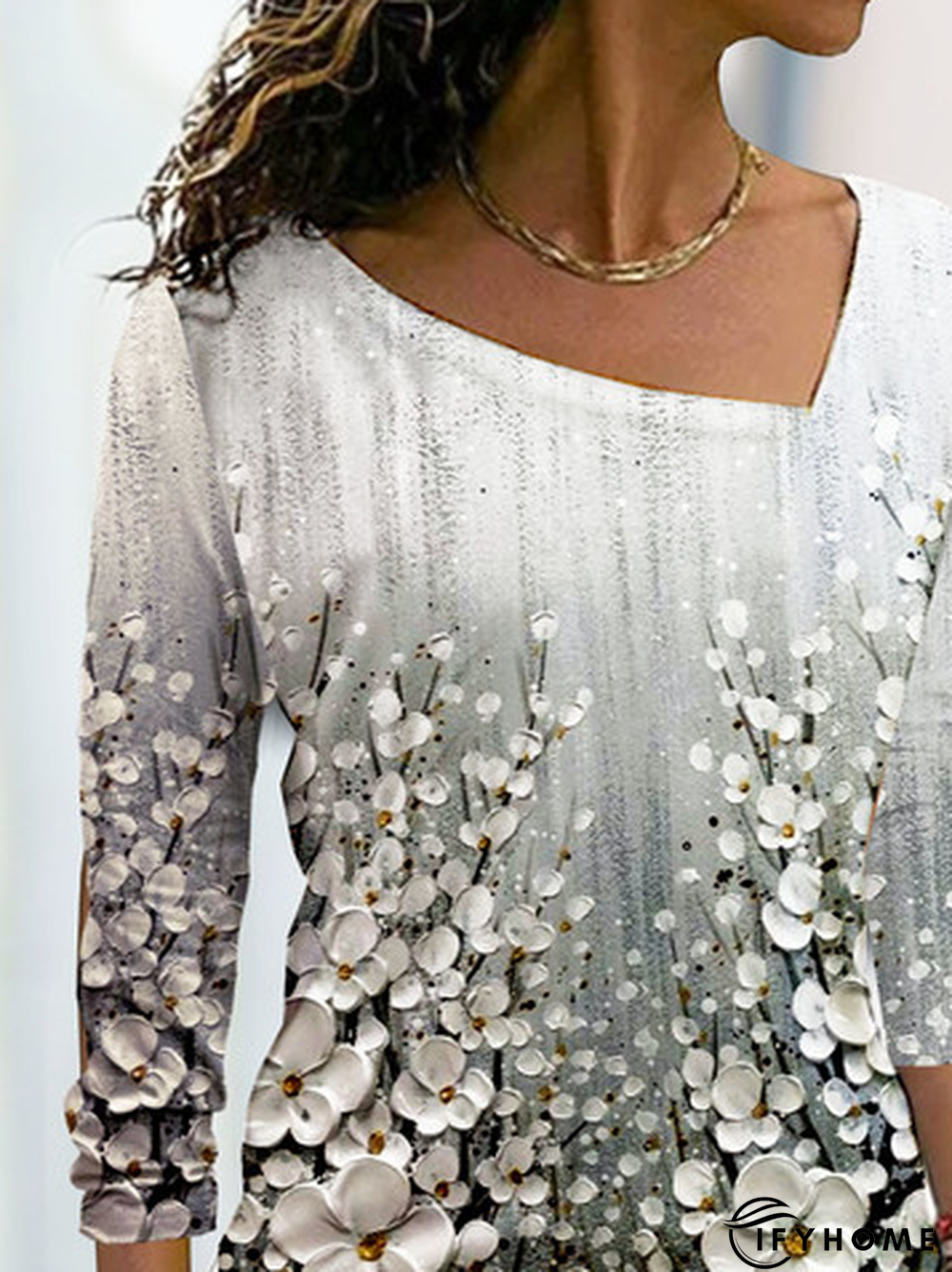 Asymmetrical Neck Casual Floral Printed T-Shirt | IFYHOME