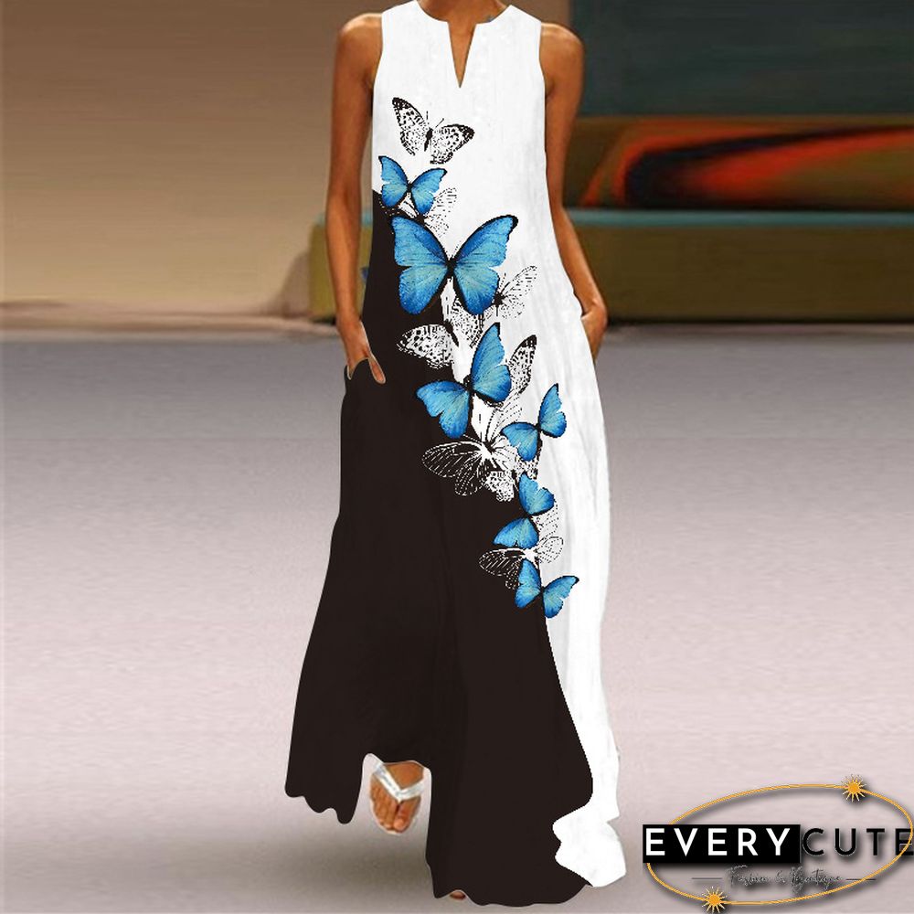 Women's Sleeveless Dress In Summer V-neck Print Dress White Dresses