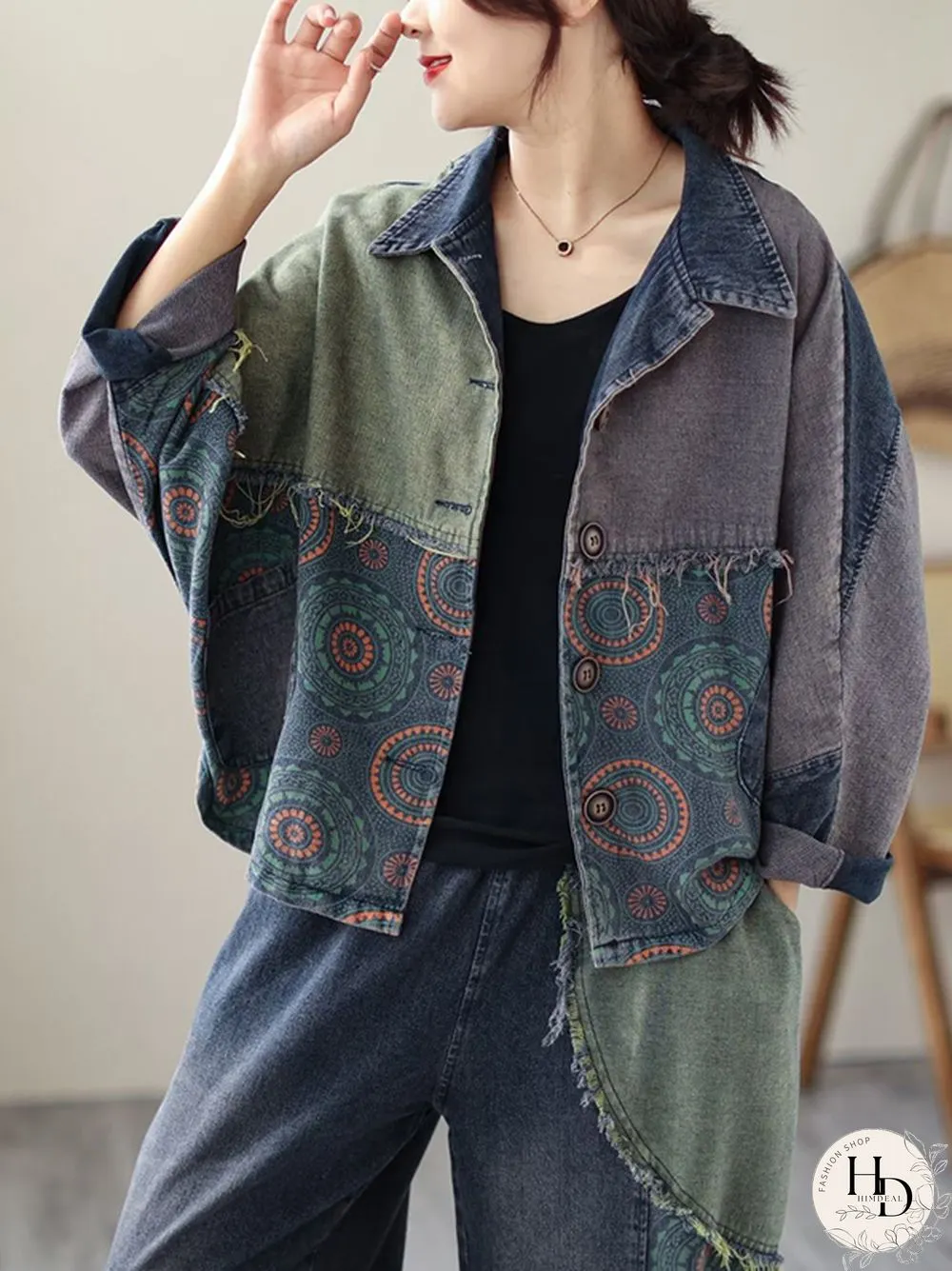 Contrast Color Fringed Split-Joint Long Sleeves Printed Outwear Harem Pants Two Pieces Set