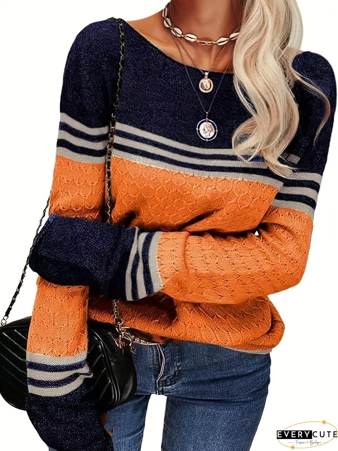 Casual Stylish Boat Neck Color Block Long Sleeve Sweater