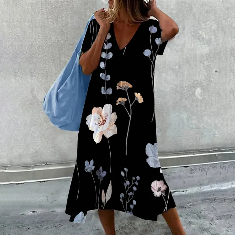 VChics Retro Floral Print Linen Blend V-Neck Cozy Maxi Dress
